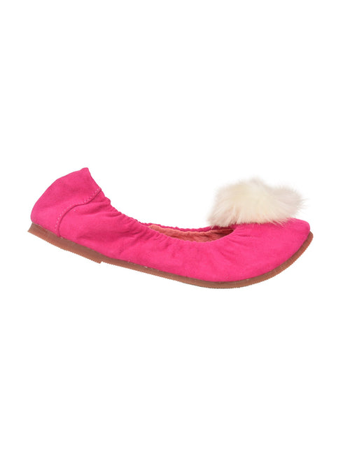 L'Amour Girls Fuchsia Suede Faux Fur Pom Pom Flats 11-4 Kids - SophiasStyle.com